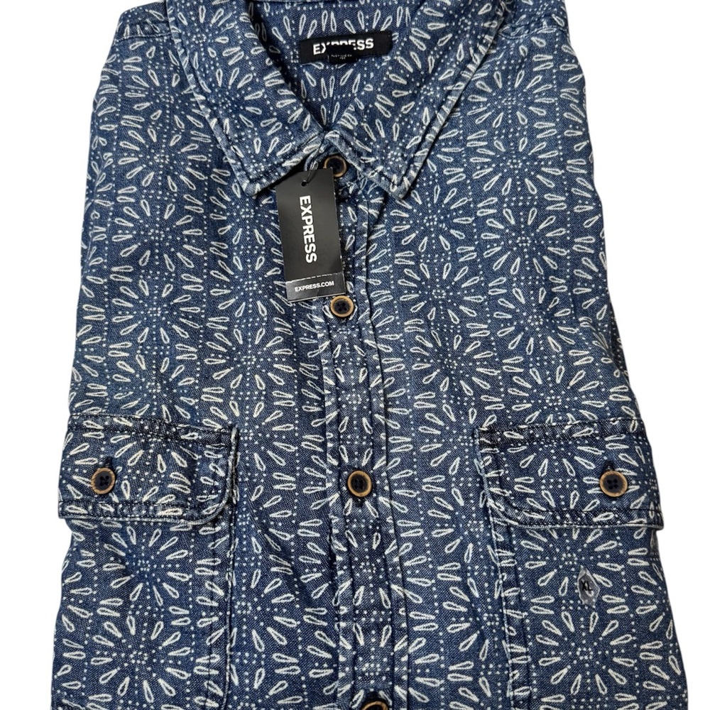 Express Navy and White Button Down Shirt